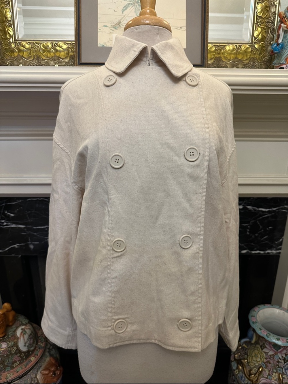 Max Studio Off-White Double-Breasted Cotton Blend Jacket